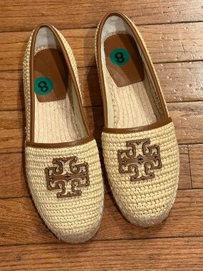 Tory Burch Cream Woven Espadrille Loafers with Brown Trim MWOT